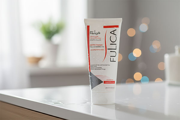 شامپو موهای مجعد فولیکا روی پیشخوان حمام