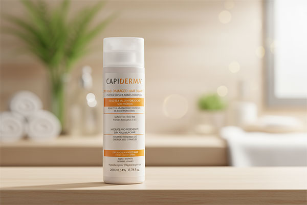 شامپو موهای خشک و آسیب دیده کپیدرما روی قفسه حمام