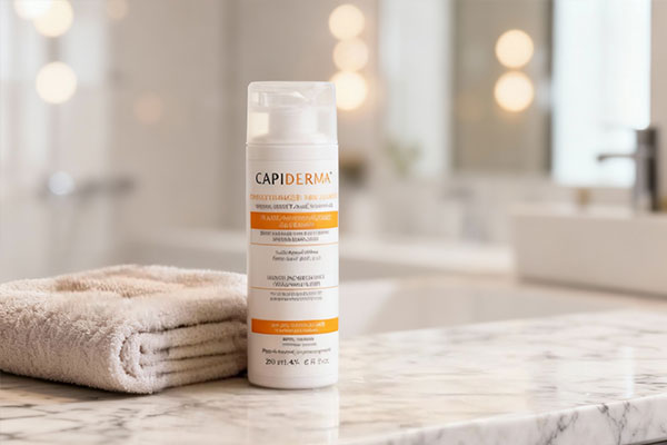 شامپو مخصوص موهای آسیب دیده کپیدرما کنار حوله و موهای خیس