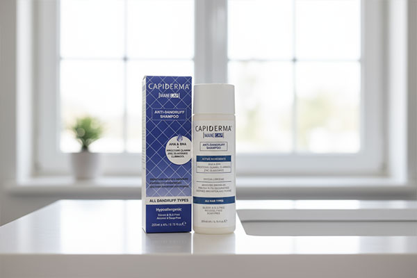 شامپو ضد شوره مین کپ کپیدرما روی پیشخوان حمام