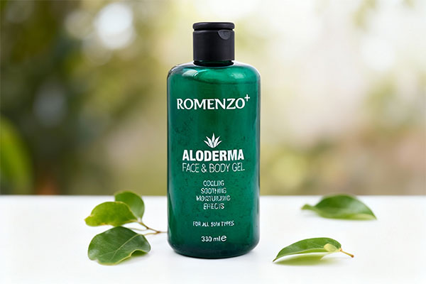 ژل آبرسان آلوئه ورا رومنزو روی سطح سفید با برگهای سبز