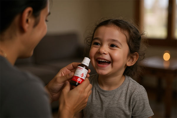 تصویر کودک خوشحال در حال دریافت قطره آهن هموزوم از والدین