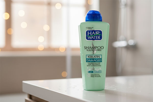 شامپو کراتینه بدون سولفات هیر واتر کامان روی پیشخوان حمام