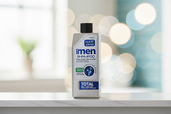 شامپو تقویت کننده مردانه توتال کامان روی قفسه حمام