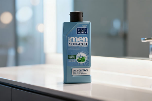 شامپو ضد شوره موی چرب آقایان هیر واتر کامان روی پیشخوان حمام
