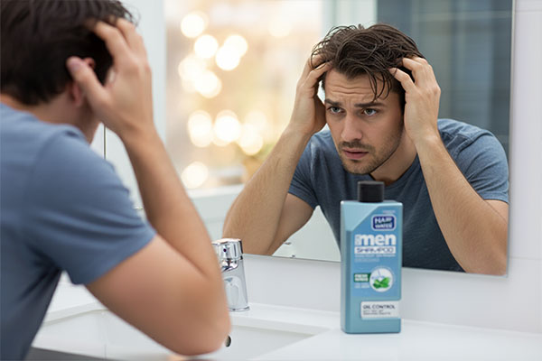مردی با موهای چرب در آینه، نیاز به شامپو ضد شوره