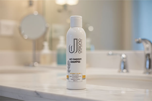 شامپو ضد شوره موهای خشک دلانو روی پیشخوان حمام