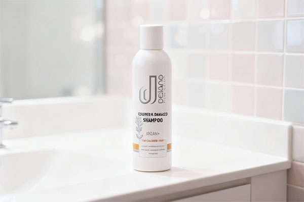 شامپو موهای رنگ شده آرگان دلانو روی پیشخوان حمام