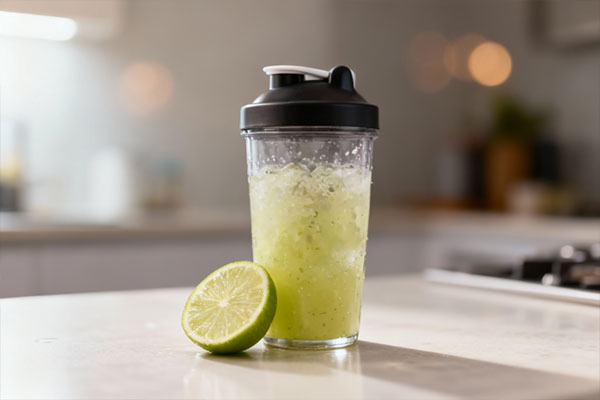 پودر هیدراول کیو ان تی مخلوط شده در شیکر با طعم لیمو