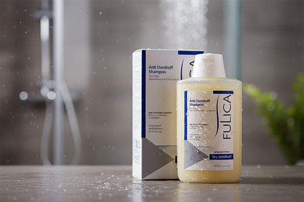 نمای نزدیک شامپو ضد شوره پوست خشک فولیکا با قطرات آب