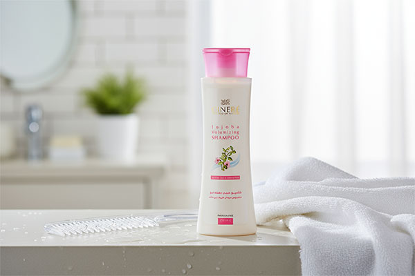 شامپو حجم دهنده موی سینره روی قفسه حمام
