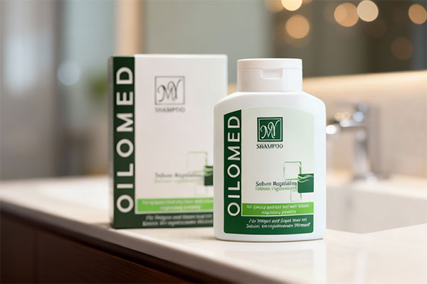 شامپو موهای چرب اویلومد مای روی پیشخوان حمام