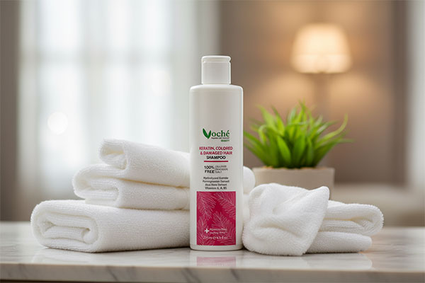 شامپو کراتین موهای رنگ شده وچه روی پیشخوان حمام