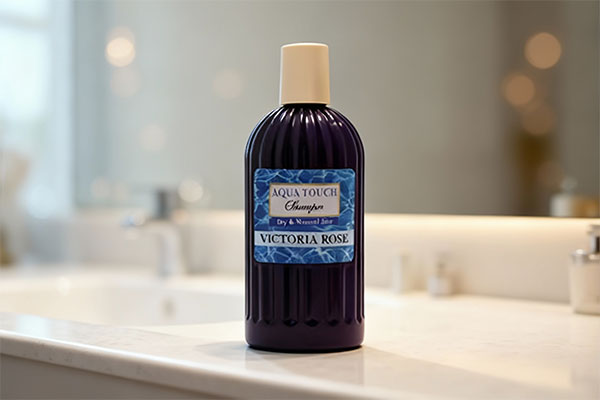 شامپو موهای خشک آکوا تاچ ویکتوریا رز روی پیشخوان حمام