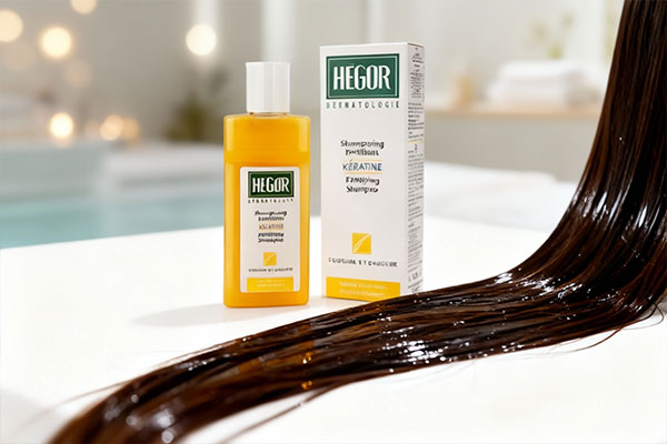 شامپو هگور کراتین کنار موهای براق و مرطوب