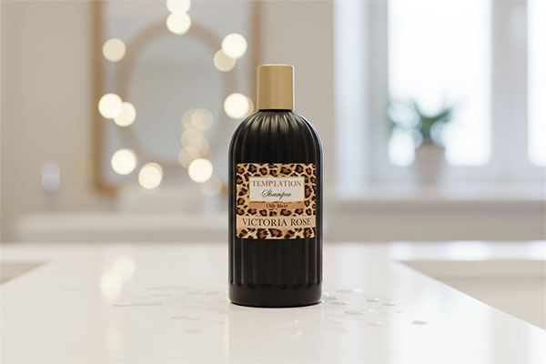 شامپو موهای چرب Temptation ویکتوریا رز روی پیشخوان حمام