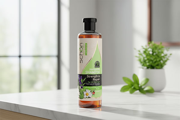 شامپو هفت گیاه هربامیکس شون روی پیشخوان حمام