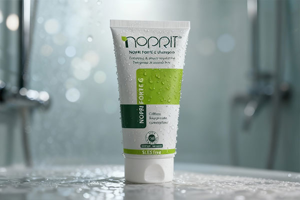 نمای نزدیک شامپو نوپری فورت جی نوپریت با قطرات آب