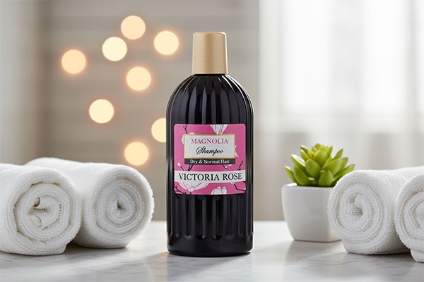 شامپو موهای خشک مگنولیا ویکتوریا رز روی پیشخوان حمام