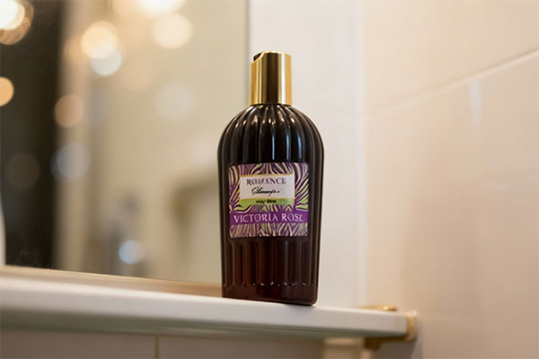 شامپو موهای چرب رومنس ویکتوریا رز روی قفسه حمام