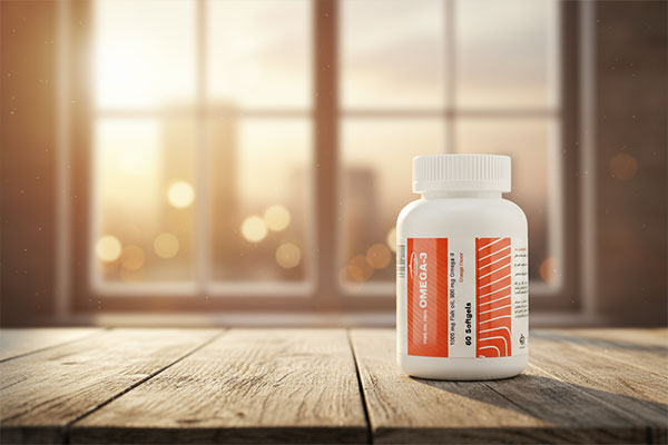 کپسول امگا 3 کارن 60 عددی روی میز چوبی