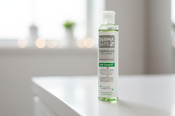 شامپو ضد شوره چرب درماسیف روی پیشخوان حمام