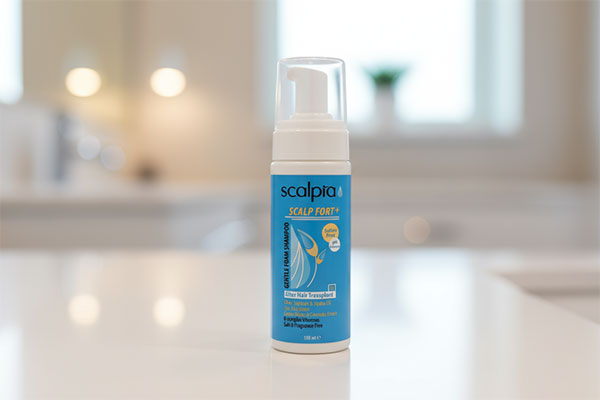 شامپو فوم موهای کاشته شده فورت پلاس اسکالپیا روی پیشخوان حمام