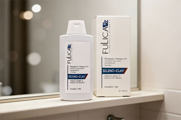 تصویر شامپو سلنیوم سولفاید خاک رس فولیکا روی قفسه حمام