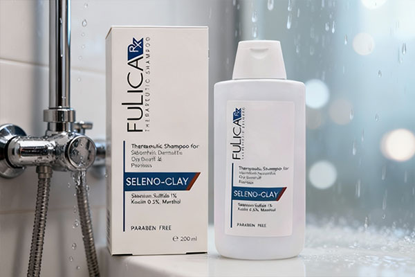 تصویر شامپو سلنیوم سولفاید خاک رس فولیکا روی قفسه حمام