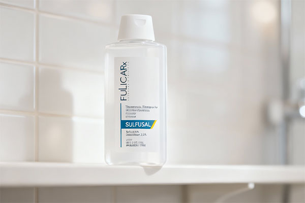 شامپو ضد شوره سولفوسال فولیکا روی قفسه حمام