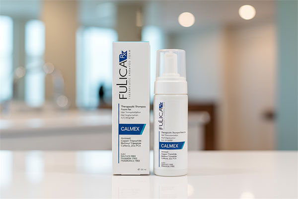 شامپو فوم پس از کاشت مو کالمکس فولیکا روی پیشخوان حمام