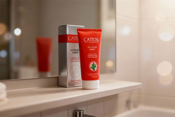 شامپو ضد ریزش مو کاتوس روی قفسه حمام