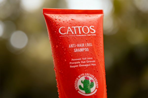 نمای نزدیک شامپو ضد ریزش مو کاتوس با قطرات آب