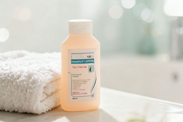 شامپو ضد شوره مای نووفارما در کنار حوله سفید