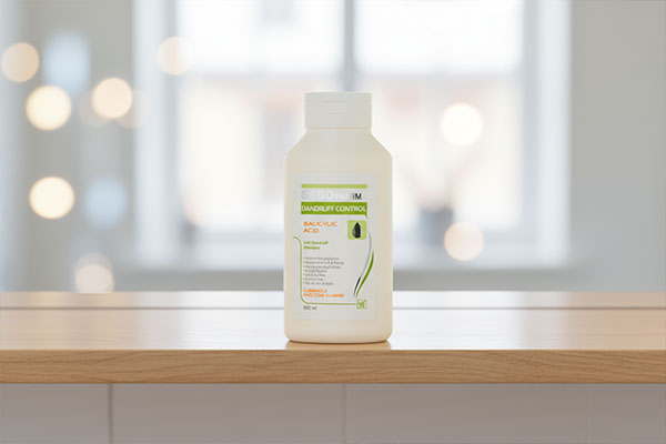 شامپو ضد شوره موهای چرب سبوفارما مای روی قفسه حمام