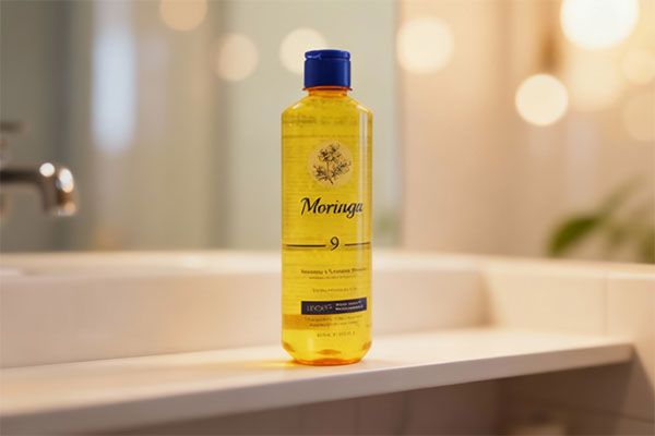 شامپو حجم دهنده موهای خشک مورینگا شماره 9 روی قفسه حمام
