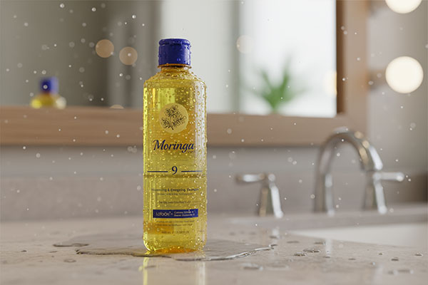 نمای نزدیک شامپو حجم دهنده موهای خشک شماره 9 مورینگا با قطرات آب