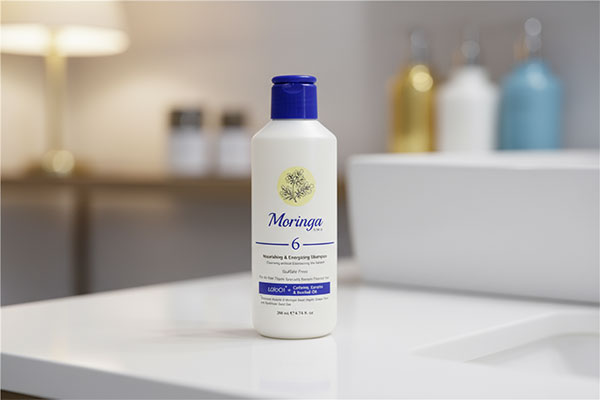 شامپو بدون سولفات مورینگا روی پیشخوان حمام