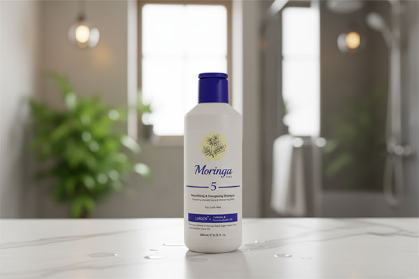 شامپو مغذی موهای فر شماره ۵ مورینگا روی پیشخوان حمام