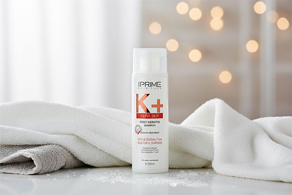 شامپو موهای کراتین شده +K پریم روی پیشخوان حمام