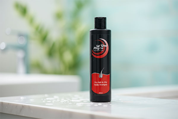 شامپو موهای خشک و کف سر چرب فیتووان روی پیشخوان حمام