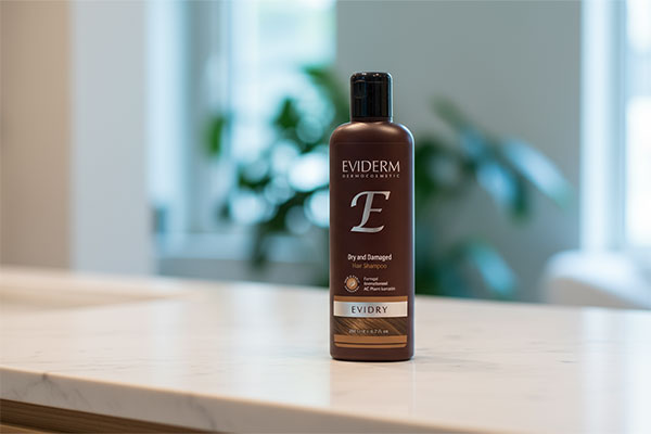 شامپو موهای خشک اویدرم روی پیشخوان حمام