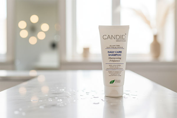 شامپو ویتامینه و پروتئینه روزانه کاندید روی پیشخوان سفید
