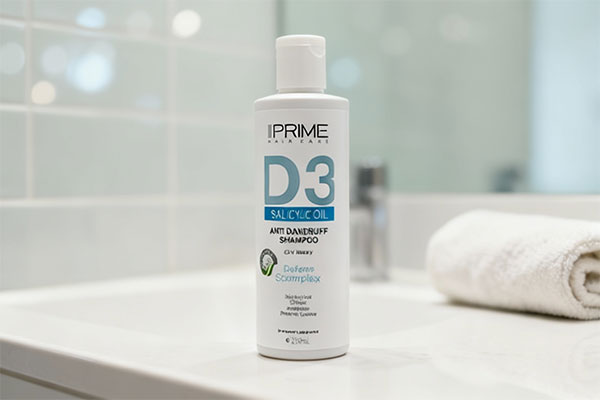 شامپو ضد شوره پوست سر چرب D3 پریم روی پیشخوان حمام