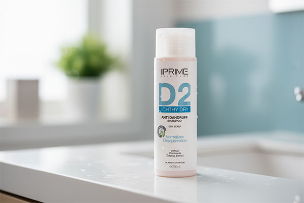 شامپو ضد شوره پوست سر خشک D2 پریم روی پیشخوان حمام