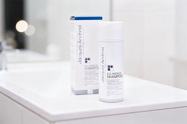 شامپو ضد شوره موهای چرب ژاک آندرل روی میز حمام