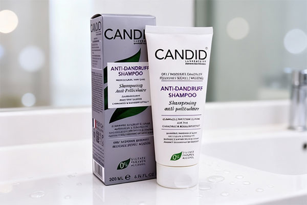 شامپو ضد شوره موی خشک کاندید روی میز حمام