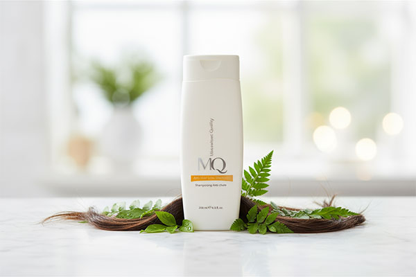 شامپو تقویت کننده مو ام کیو روی پیشخوان حمام