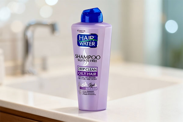 شامپو بدون سولفات موهای چرب هیر واتر کامان روی پیشخوان حمام