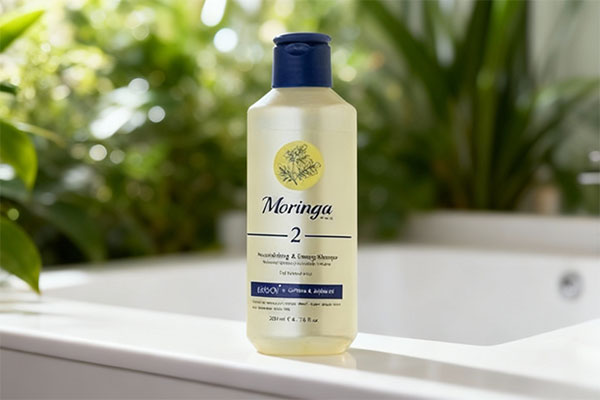 شامپو مغذی موهای معمولی ۲ مورینگا روی پیشخوان حمام